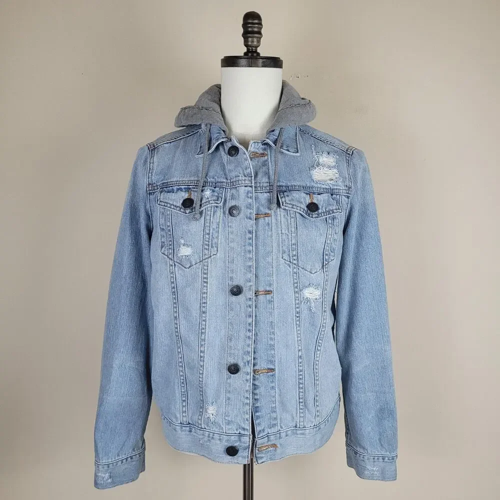 Abercrombie & Fitch Jacket Men Small Blue Denim Hooded Distressed Trucker Casual